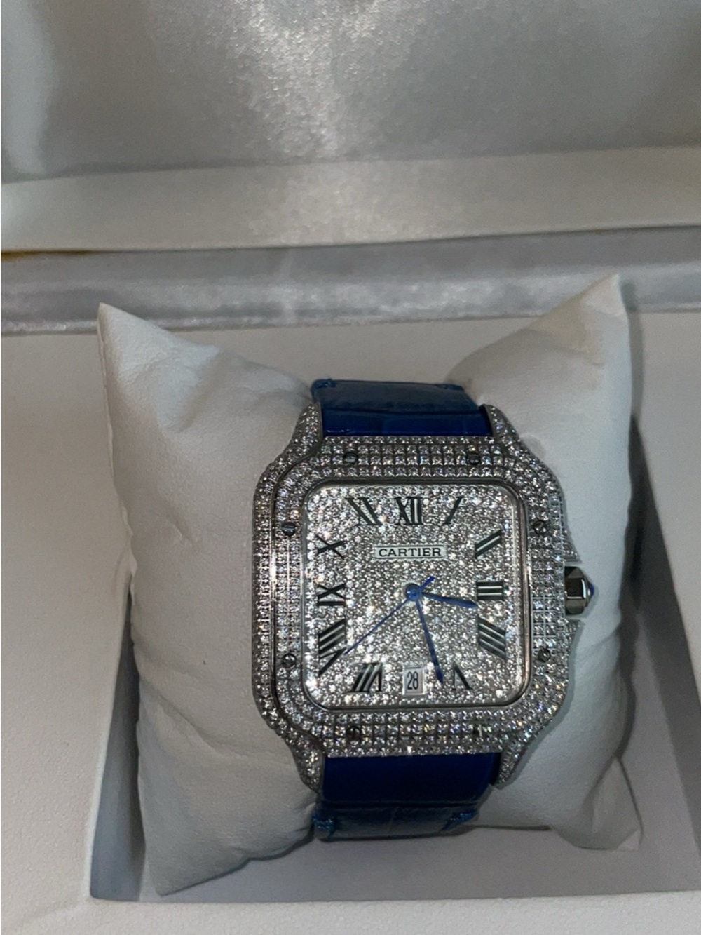 Iced out vvs mossinate Cartier Diamond Pavé Square Watch with Blue Strap - Picture 3 of 3